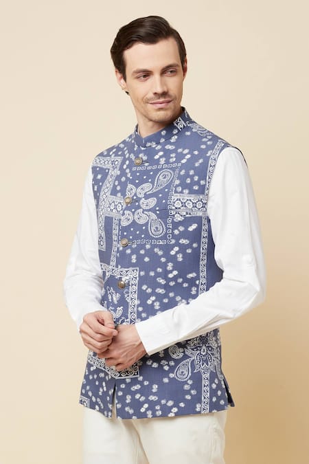 Shop_Spring Break_Blue Cotton, Polyester Paisley Print Bundi Jacket_Online_at_Aza_Fashions