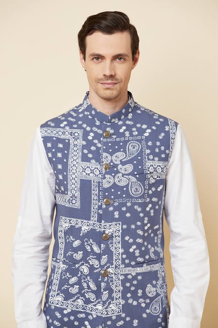 Spring Break_Blue Cotton, Polyester Paisley Print Bundi Jacket_at_Aza_Fashions