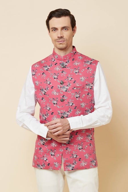 Buy_Spring Break_Pink Cotton, Polyester Floral Print Bundi Jacket _Online_at_Aza_Fashions