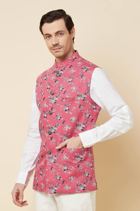 Shop_Spring Break_Pink Cotton, Polyester Floral Print Bundi Jacket _Online_at_Aza_Fashions