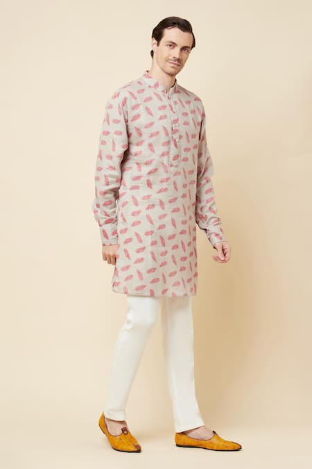 Spring Break_Beige Cotton Leaf Print Kurta Set _Online_at_Aza_Fashions