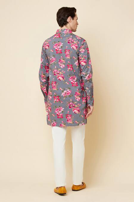 Shop_SPRING BREAK_Grey Cotton Floral Print Kurta _at_Aza_Fashions