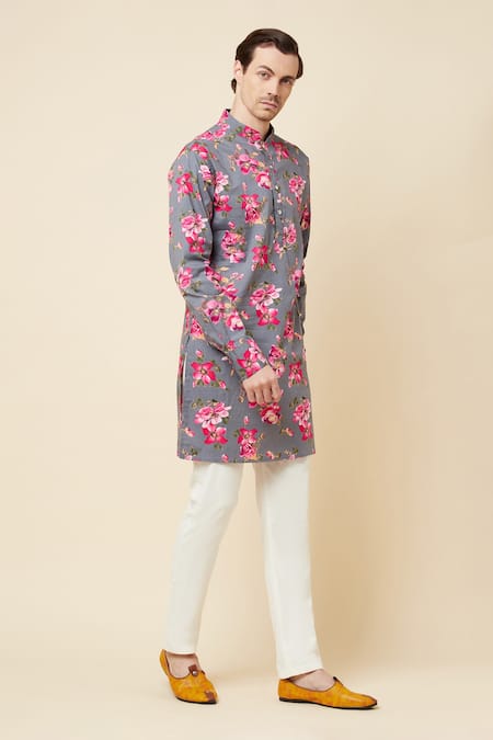 SPRING BREAK_Grey Cotton Floral Print Kurta _Online_at_Aza_Fashions