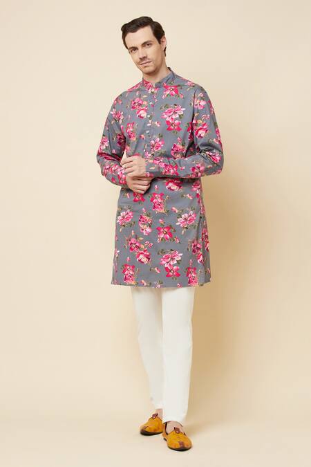 Buy_SPRING BREAK_Grey Cotton Floral Print Kurta _Online_at_Aza_Fashions