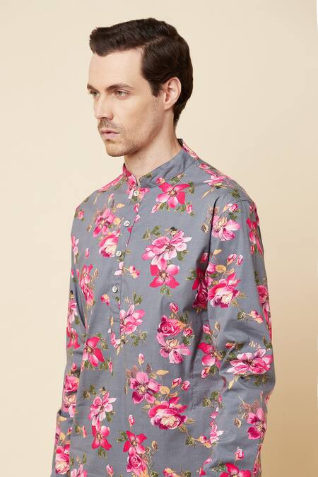 SPRING BREAK_Grey Cotton Floral Print Kurta _at_Aza_Fashions