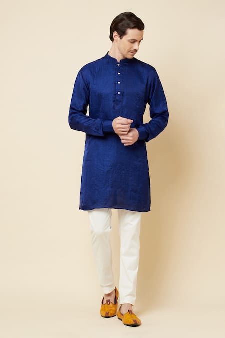 Spring Break Blue Dupion Silk Plain Mandarin Collar Kurta Set 