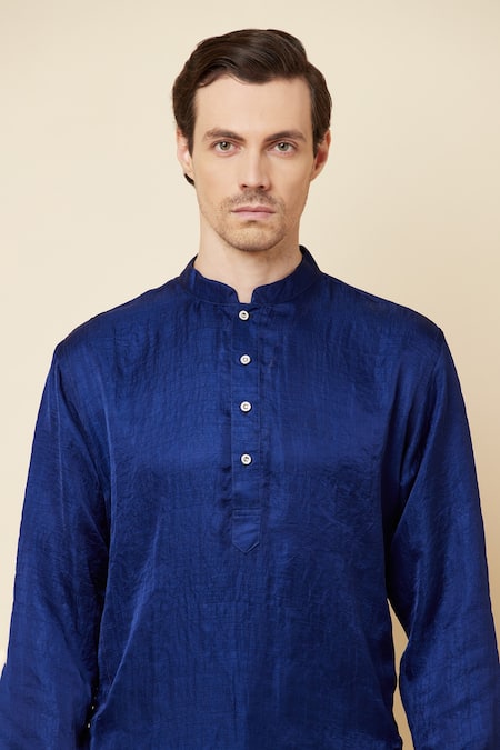 Shop Spring Break Blue Dupion Silk Mandarin Collar Kurta Set Online at Aza Fashions Shop_Spring Break_Blue Dupion Silk Mandarin Collar Kurta Set _Online_at_Aza_Fashions