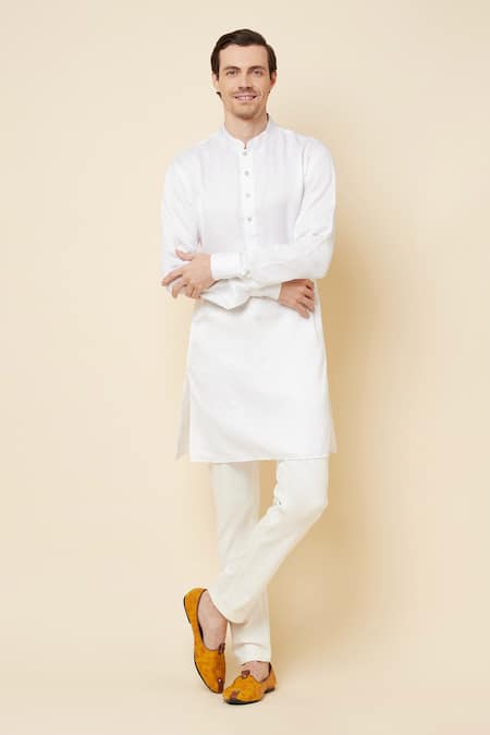 Spring Break White Dupion Silk Plain Mandarin Collar Kurta Set 