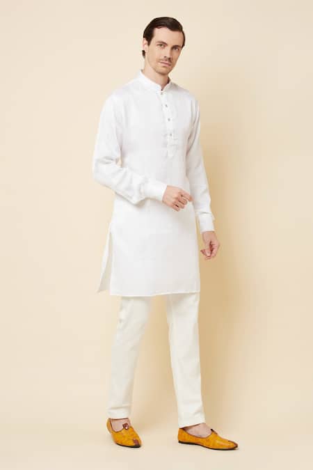 Spring Break_White Dupion Silk Mandarin Collar Kurta Set _Online_at_Aza_Fashions