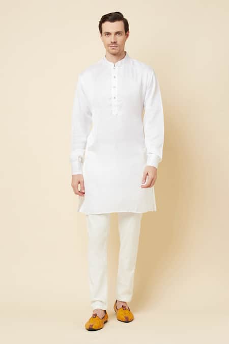 Buy_Spring Break_White Dupion Silk Mandarin Collar Kurta Set _Online_at_Aza_Fashions