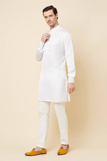 Shop_Spring Break_White Dupion Silk Mandarin Collar Kurta Set _Online_at_Aza_Fashions