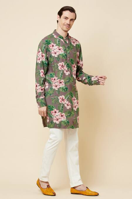 Spring Break_Brown Cotton Floral Print Kurta Set _Online_at_Aza_Fashions