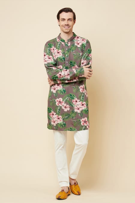 Buy_Spring Break_Brown Cotton Floral Print Kurta Set _Online_at_Aza_Fashions