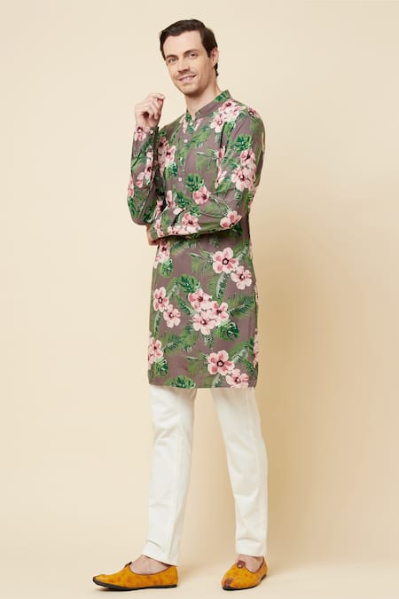 Shop_Spring Break_Brown Cotton Floral Print Kurta Set _Online_at_Aza_Fashions