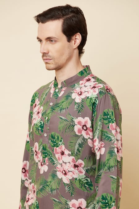 Spring Break_Brown Cotton Floral Print Kurta Set _at_Aza_Fashions