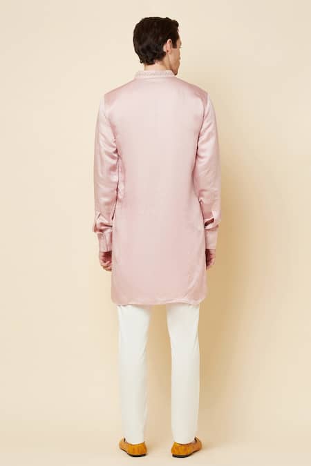 Shop Spring Break Pink Linen Satin Bead Work Embroidered Placket Kurta at Aza Fashions Shop_Spring Break_Pink Linen Satin Bead Work Embroidered Placket Kurta _at_Aza_Fashions