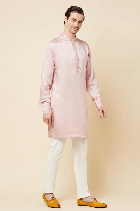 Spring Break Pink Linen Satin Bead Work Embroidered Placket Kurta Online at Aza Fashions Spring Break_Pink Linen Satin Bead Work Embroidered Placket Kurta _Online_at_Aza_Fashions