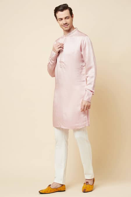 Shop Spring Break Pink Linen Satin Bead Work Embroidered Placket Kurta Online at Aza Fashions Shop_Spring Break_Pink Linen Satin Bead Work Embroidered Placket Kurta _Online_at_Aza_Fashions