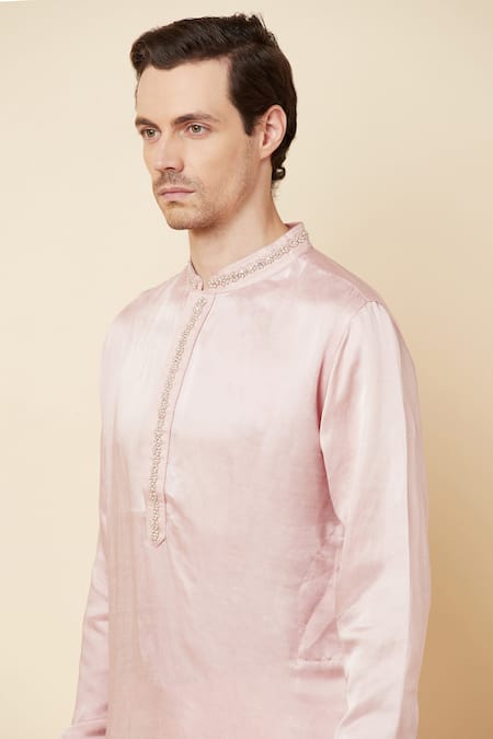 Spring Break Pink Linen Satin Bead Work Embroidered Placket Kurta at Aza Fashions Spring Break_Pink Linen Satin Bead Work Embroidered Placket Kurta _at_Aza_Fashions
