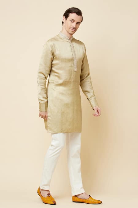 Spring Break Gold Linen, Satin Embroidery Placket Kurta For Kids Online at Aza Fashions Spring Break_Gold Linen, Satin Embroidery Placket Kurta For Kids_Online_at_Aza_Fashions