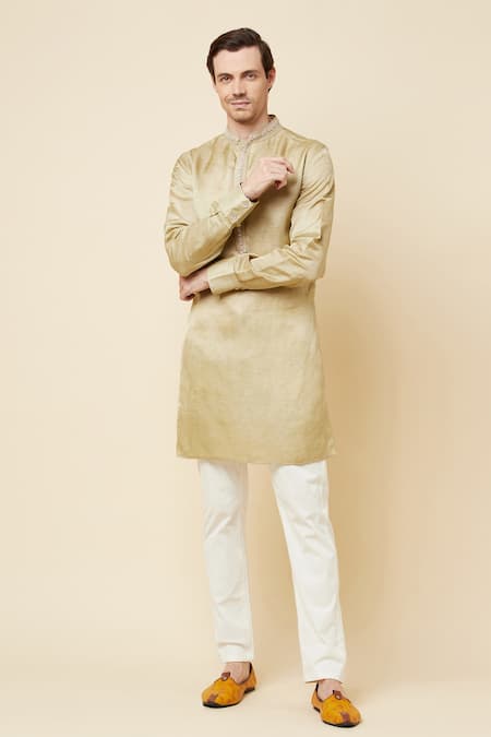 Buy Spring Break Gold Linen, Satin Embroidery Placket Kurta For Kids Online at Aza Fashions Buy_Spring Break_Gold Linen, Satin Embroidery Placket Kurta For Kids_Online_at_Aza_Fashions