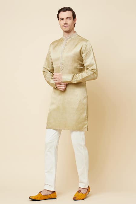 Shop Spring Break Gold Linen, Satin Embroidery Placket Kurta For Kids Online at Aza Fashions Shop_Spring Break_Gold Linen, Satin Embroidery Placket Kurta For Kids_Online_at_Aza_Fashions