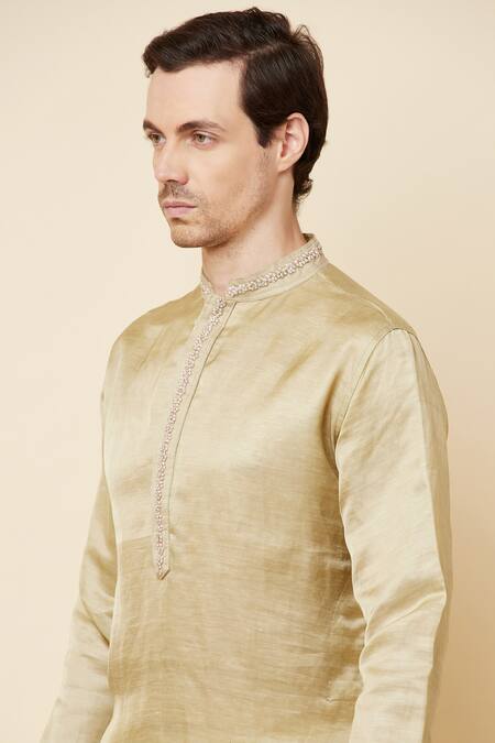 Spring Break Gold Linen, Satin Embroidery Placket Kurta For Kids at Aza Fashions Spring Break_Gold Linen, Satin Embroidery Placket Kurta For Kids_at_Aza_Fashions