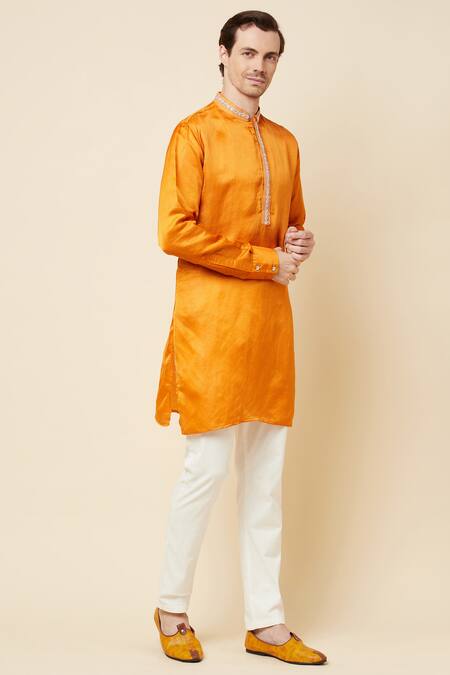 Spring Break Yellow Linen Satin Bead Work Embroidered Placket Kurta Online at Aza Fashions Spring Break_Yellow Linen Satin Bead Work Embroidered Placket Kurta _Online_at_Aza_Fashions