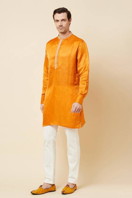 Shop Spring Break Yellow Linen Satin Bead Work Embroidered Placket Kurta Online at Aza Fashions Shop_Spring Break_Yellow Linen Satin Bead Work Embroidered Placket Kurta _Online_at_Aza_Fashions