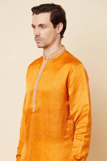 Spring Break Yellow Linen Satin Bead Work Embroidered Placket Kurta at Aza Fashions Spring Break_Yellow Linen Satin Bead Work Embroidered Placket Kurta _at_Aza_Fashions