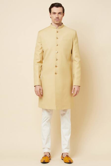 Spring Break Beige Terrycloth Mandarin Collar Sherwani Set For Kids Online at Aza Fashions Spring Break_Beige Terrycloth Mandarin Collar Sherwani Set For Kids_Online_at_Aza_Fashions