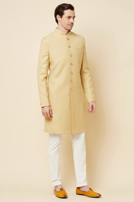 Buy Spring Break Beige Terrycloth Mandarin Collar Sherwani Set For Kids Online at Aza Fashions Buy_Spring Break_Beige Terrycloth Mandarin Collar Sherwani Set For Kids_Online_at_Aza_Fashions