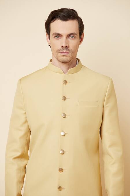 Shop Spring Break Beige Terrycloth Mandarin Collar Sherwani Set For Kids Online at Aza Fashions Shop_Spring Break_Beige Terrycloth Mandarin Collar Sherwani Set For Kids_Online_at_Aza_Fashions