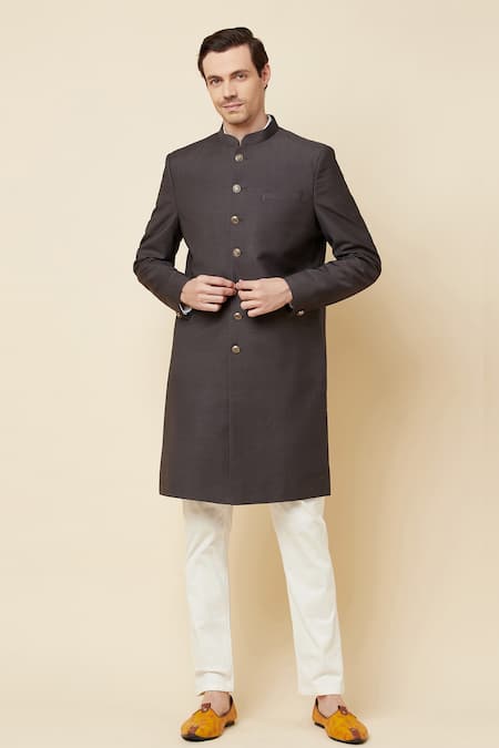 Spring Break Grey Terry Rayon Plain Mandarin Collar Sherwani Set