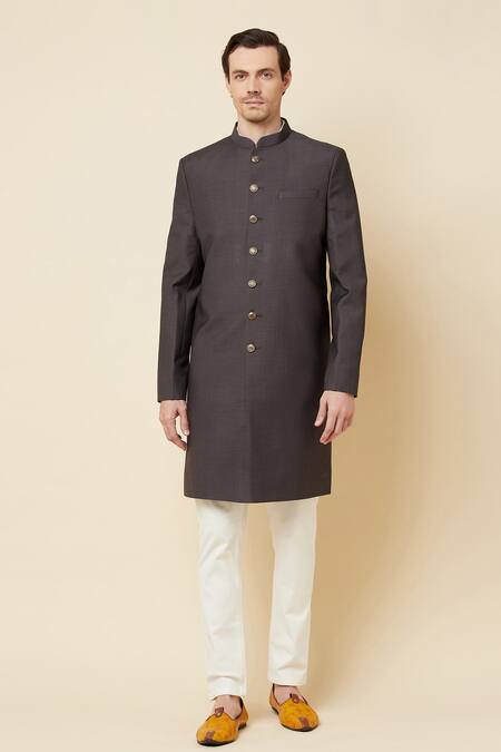 Buy_Spring Break_Grey Terry Rayon Mandarin Collar Sherwani Set _Online_at_Aza_Fashions
