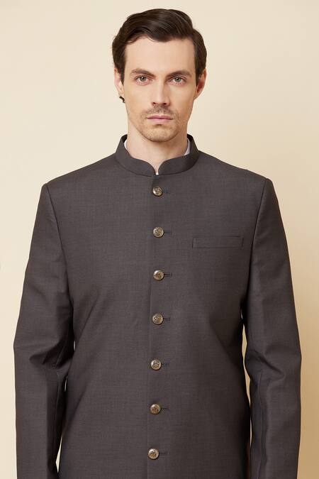 Shop_Spring Break_Grey Terry Rayon Mandarin Collar Sherwani Set _Online_at_Aza_Fashions