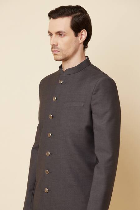 Spring Break_Grey Terry Rayon Mandarin Collar Sherwani Set _at_Aza_Fashions
