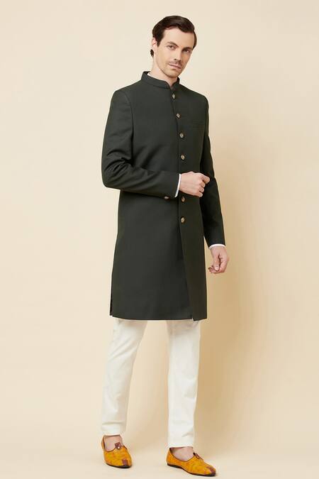 Spring Break_Green Terry Rayon Mandarin Collar Sherwani Set _Online_at_Aza_Fashions