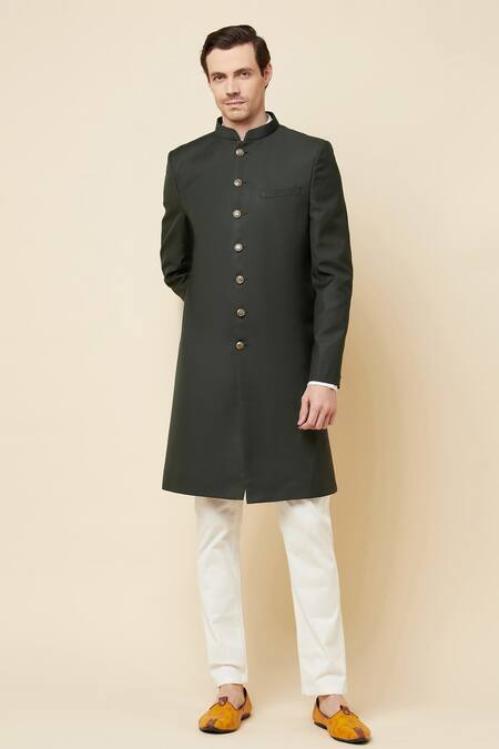 Buy_Spring Break_Green Terry Rayon Mandarin Collar Sherwani Set _Online_at_Aza_Fashions