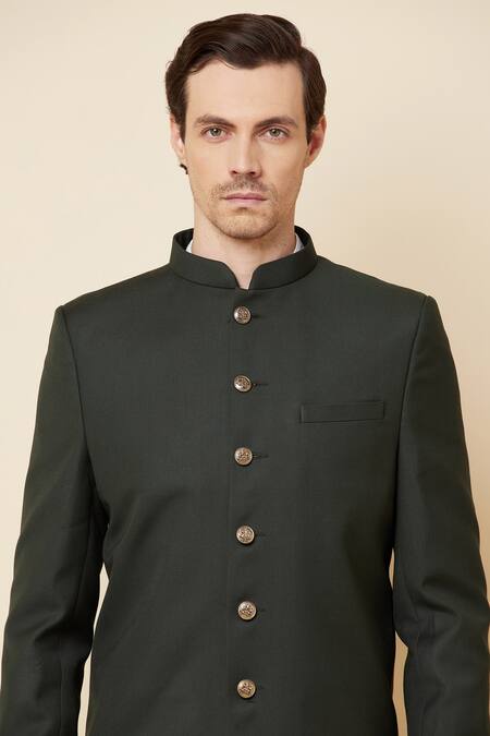Shop_Spring Break_Green Terry Rayon Mandarin Collar Sherwani Set _Online_at_Aza_Fashions
