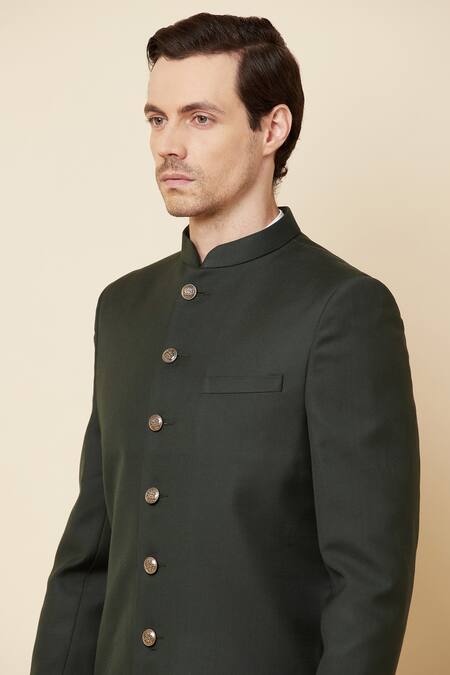 Spring Break_Green Terry Rayon Mandarin Collar Sherwani Set _at_Aza_Fashions
