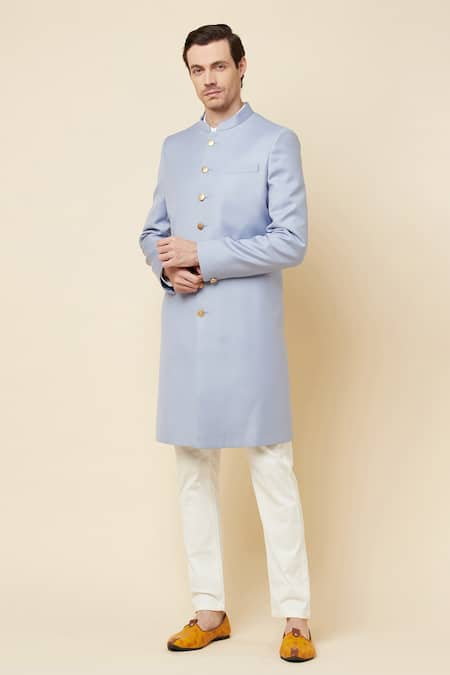 Spring Break Blue Terry Rayon Plain Mandarin Collar Sherwani Set