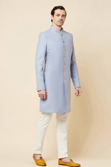 Spring Break_Blue Terry Rayon Mandarin Collar Sherwani Set _Online_at_Aza_Fashions