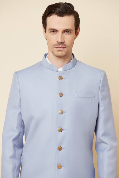 Shop_Spring Break_Blue Terry Rayon Mandarin Collar Sherwani Set _Online_at_Aza_Fashions