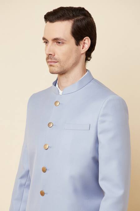 Spring Break_Blue Terry Rayon Mandarin Collar Sherwani Set _at_Aza_Fashions