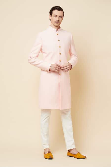 Spring Break Pink Terry Rayon Plain Mandarin Collar Sherwani Set