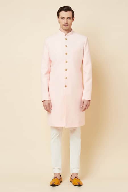 Spring Break_Pink Terry Rayon Mandarin Collar Sherwani Set _Online_at_Aza_Fashions