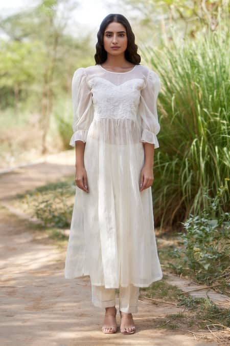 Buy Apeksha Jain Label White Chanderi, Bamboo Cotton Floral Round Tunic And Pant Set Online at Aza Fashions Buy_Apeksha Jain Label_White Chanderi, Bamboo Cotton Floral Round Tunic And Pant Set_Online_at_Aza_Fashions