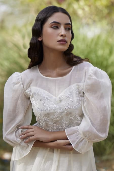 Apeksha Jain Label White Chanderi, Bamboo Cotton Floral Round Tunic And Pant Set at Aza Fashions Apeksha Jain Label_White Chanderi, Bamboo Cotton Floral Round Tunic And Pant Set_at_Aza_Fashions