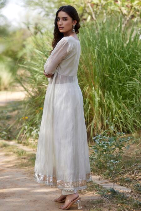 Apeksha Jain Label White Tissue, Chanderi Gota, Kasab V Neck Anarkali And Palazzo Set Online at Aza Fashions Apeksha Jain Label_White Tissue, Chanderi Gota, Kasab V Neck Anarkali And Palazzo Set_Online_at_Aza_Fashions